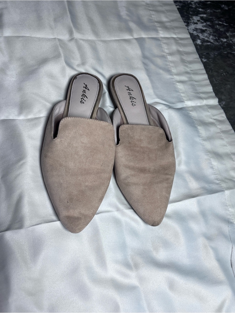 Suede Pointed Toe Slip-On Mules - Taupe